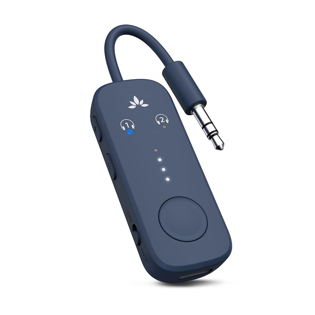 Avantree Relay - Airplane Bluetooth 5.3 Adapter with Qualcomm aptX Adaptive, Supports 2 AirPods or Headphones, 20Hr Playtime, 3.5mm AUX Wireless Audio Transmitter for Travel Flight, Airline, Gym