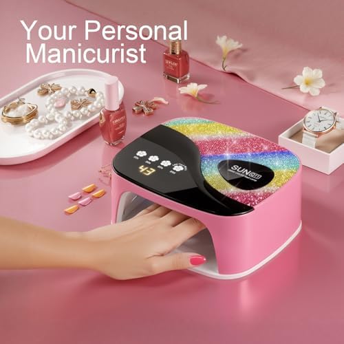 SUNX11 Rhinestone uv Nail Lamp - LED UV Gel Nail Dryer with Rainbow Crystal Design, 3-Second Quick Dry, Touch Screen, Detachable Base, 4 Timer Settings, for Fingernails & Toenails