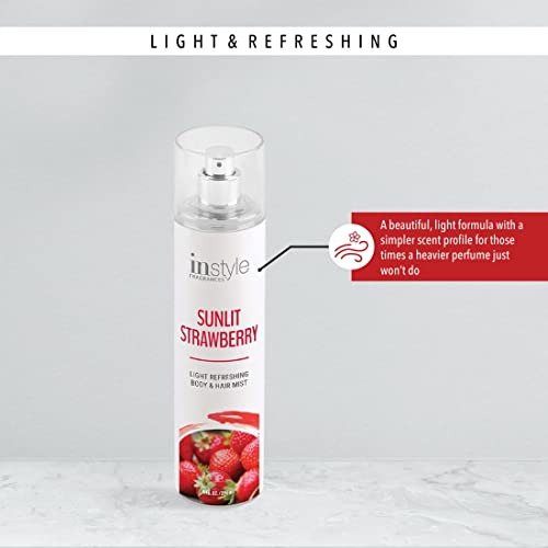 Instyle Fragrances | Body & Hair Mist | Sunlit Strawberry Scent | With Panthenol | CLEAN, Vegan, Paraben Free, Phthalate Free | Premium 8 Fl Oz Spray Bottle