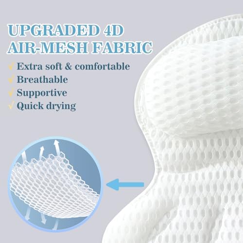 Bath Pillow Luxury Bathtub Pillow - Bath Pillows for Tub Neck and Back Support, Ergonomic Tub Pillow for Bath with 4D Air Mesh + 6 Strong Suction Cups, Great Spa Gifts Bathtub Accessories
