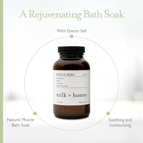 milk + honey Muscle and Bath Soak No. 18, Moisturizing Epsom Salt Bath Soak with Eucalyptus, Arnica, Rosemary and Sweet Marjoram, 10 oz