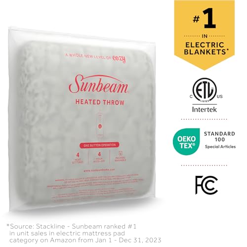 Sunbeam Electric Throw Royal Mink Sherpa Heated Blanket, 4 Heat Settings, 4-Hour Auto Shut-Off, Fast Heating, Luxurious and Ultra Comfy, Night Fog Color, 50" x 60"