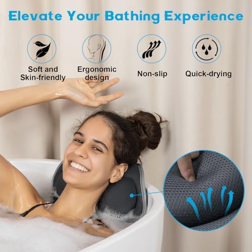 Luxury Bath Pillows for Tub – Extra Thick Non-Slip Bathtub Pillow with Rubber Back, Head & Neck Support for Soaking, Spa Bath Accessories, for Women, Fits All Bathtubs (Gray)