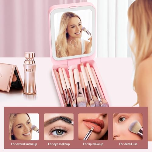 Trendy Teen Girl Gifts – Travel Makeup Brush Set with LED Light Mirror, Perfect Tween Birthday Gifts for Girls 11-16+ year old(Pink)