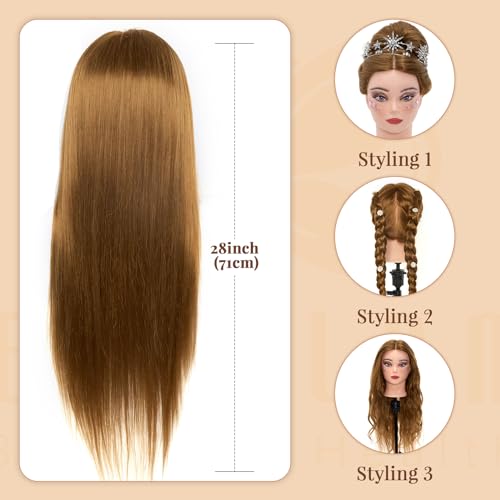 Mannequin Head with 60% Real Human Hair, 28 Inch Make up Cosmetology Manikin Practice Head with Hair,Braiding Hairdressing Doll Head for Hair Styling with Table Clamp + DIY Hair Styling Set