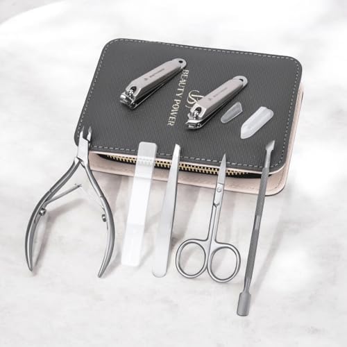 Manicure Pedicure Set 7-in-1 Stainless Steel, Ultra Sharp, Slanted Nail Clipper, Fingernail Clipper, Cuticle Nipper, Glass Nail File, Eyebrow Tweezers, Scissors, Case – Gift (Matte Gray)