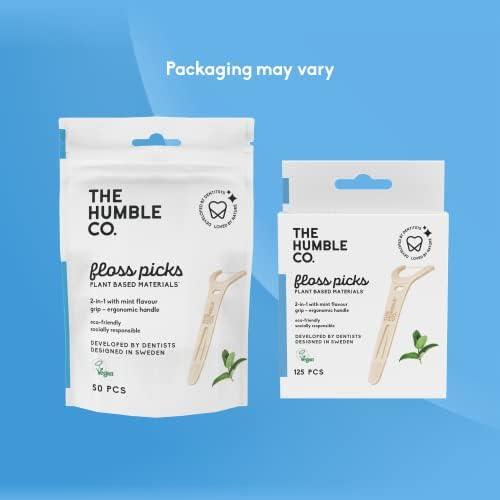 The Humble Co. Floss Picks (200 Count) – Plant Based Dental Floss Picks with Grip Handle for Superior Oral Care, Dental Hygiene, and Gum Health, Cruelty Free Tooth Floss Picks (Mint)