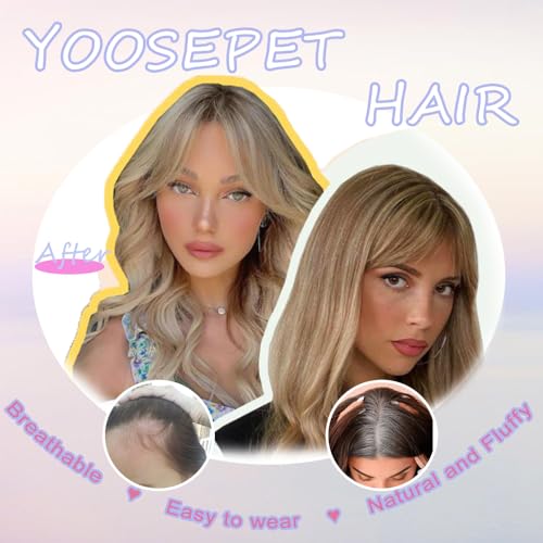 Hair Toppers for Women Real Human Hair, 360°3D Cover Topper for Women with Thinning Crown Wispy Clip in Bangs Realistic Scalp Line Hair Pieces (Medium Brown, Wispy Bangs)