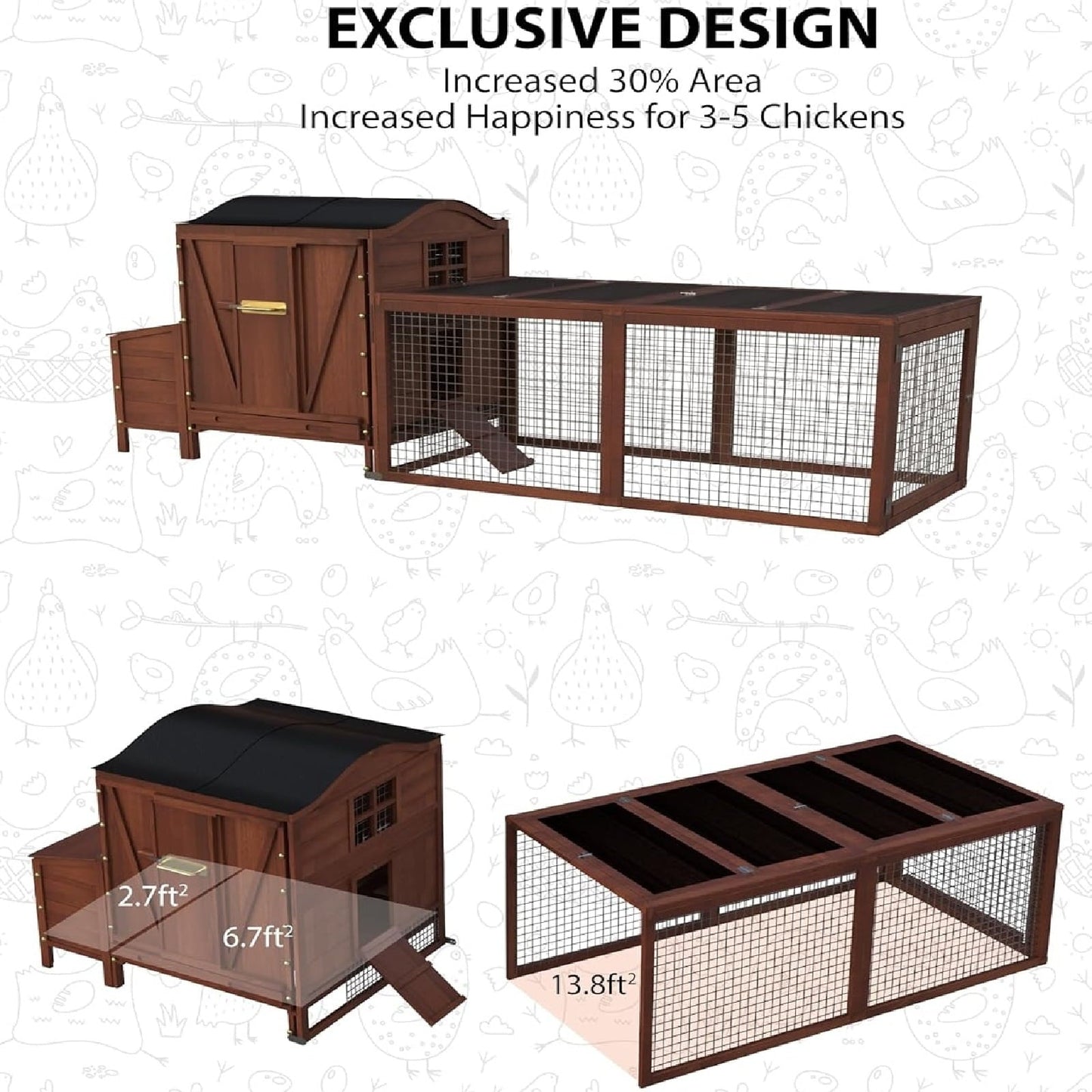 Pinypikaka Large Chicken Coop, Wooden Chicken Coop for 3 4 5 Chickens, 106in Outdoor Hen House with Run, Waterproof Roof, Nesting Box, Pull Out Trays and Ramp, Red