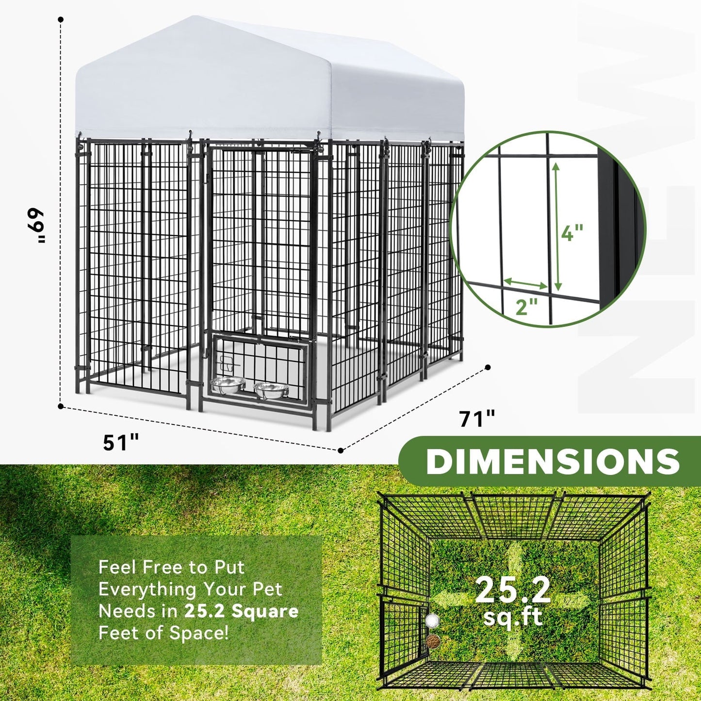 WOKEEN Large Dog Kennel Outside, 6'×4'×6',Welded Rectangular dog kennel outdoor with Waterproof Roof,2 Rotating Bowls & Secure Lock for Backyard （All Life Stages Dogs）
