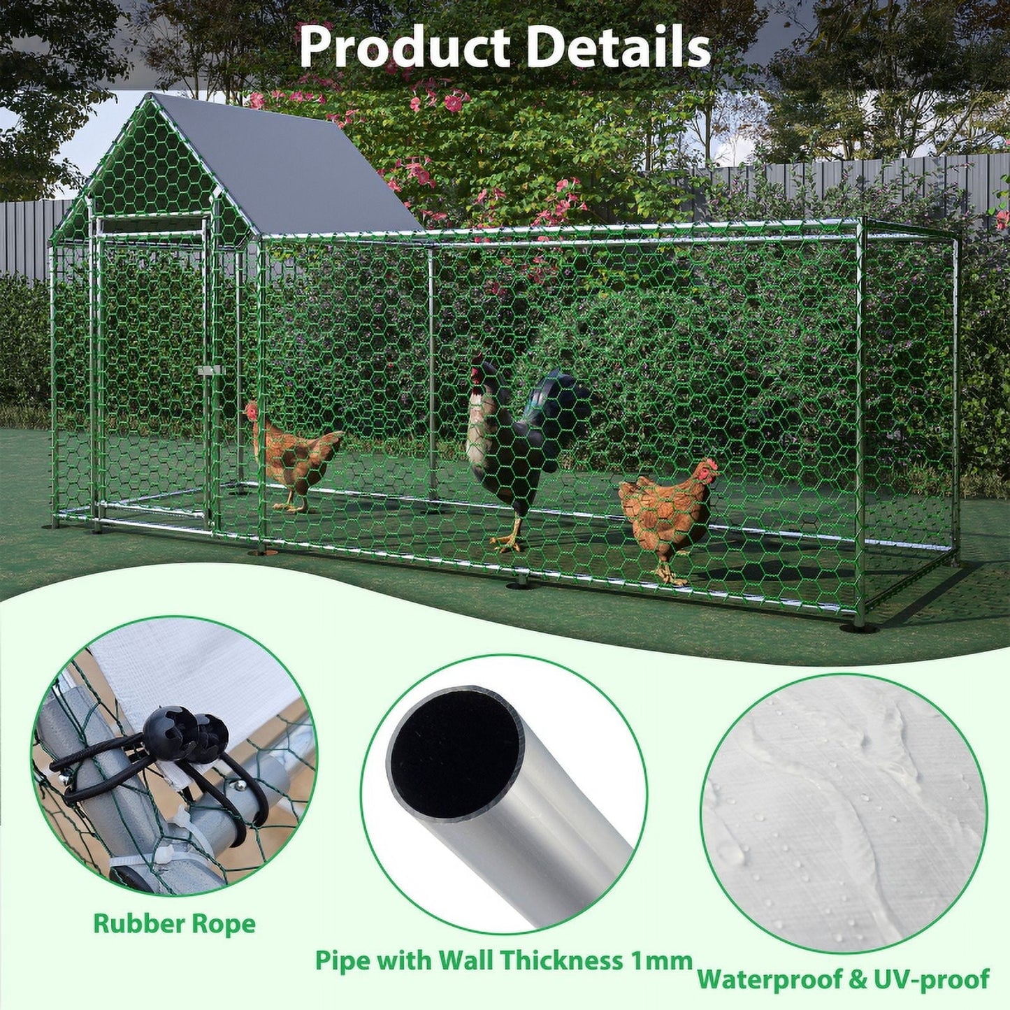 26'Lx6.7'Wx6.6' ft Large Metal Chicken Coop, Walk-in Chicken Run, Galvanized Wire Poultry Chicken Hen Pen Cage, Rabbits Duck Cages with Waterproof and Anti-Ultraviolet Cover for Outside