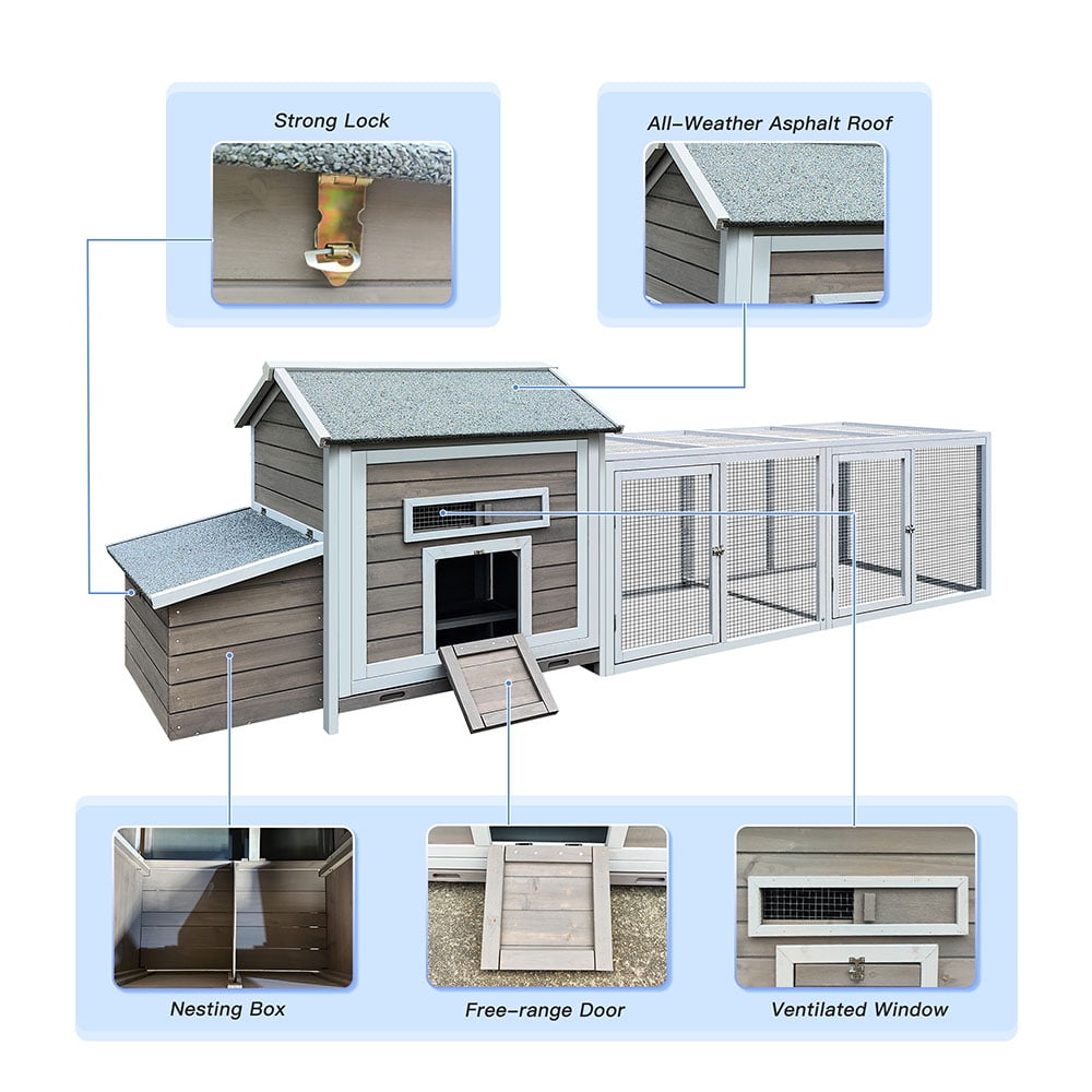 MIDOQIN 118 " Wooden Chicken Coop with Free-range Doors, Outdoor Hen House with Nesting Box & Leakproof Pull-on Tray Large Poultry Cage