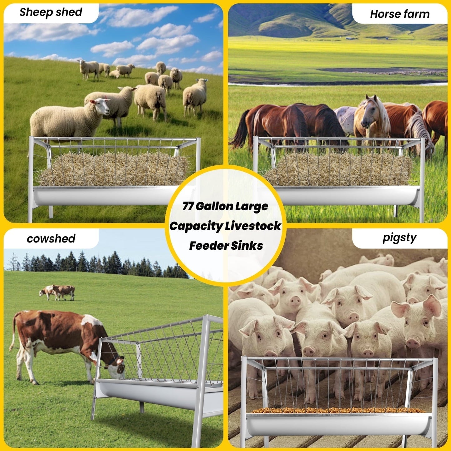 Heavy Duty 2-in-1 Goat Feeder - 77 Gallon Galvanized Steel Hay Feeder for Sheep, Horses & Farm Animals - Large Capacity Livestock Feeder with Spill Guard