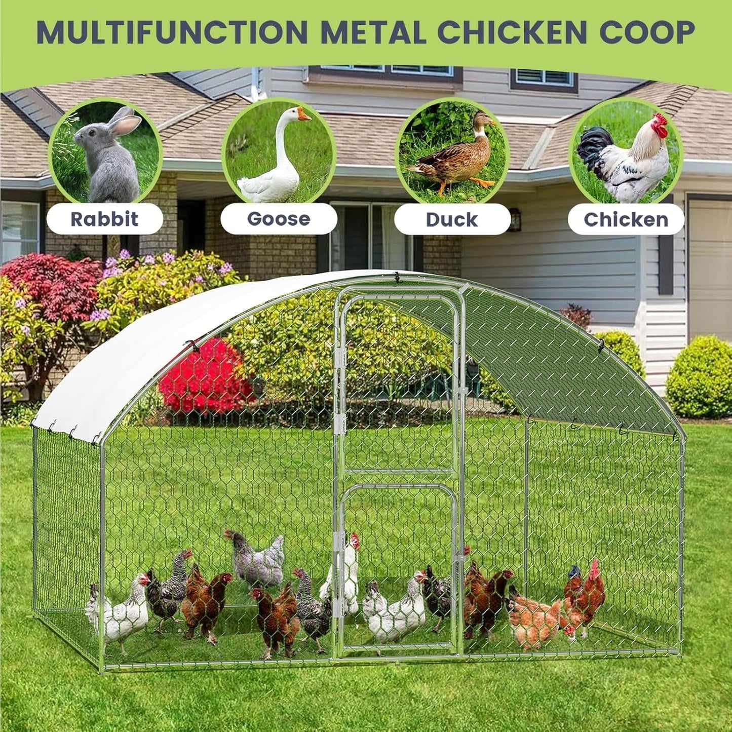 Large Metal Chicken Coop, Doom Roof Large Chicken Run for Yard, Walk-in Poultry Cage with Double Door & Waterproof Cover, Chicken Pen for Outdoor Backyard Farm