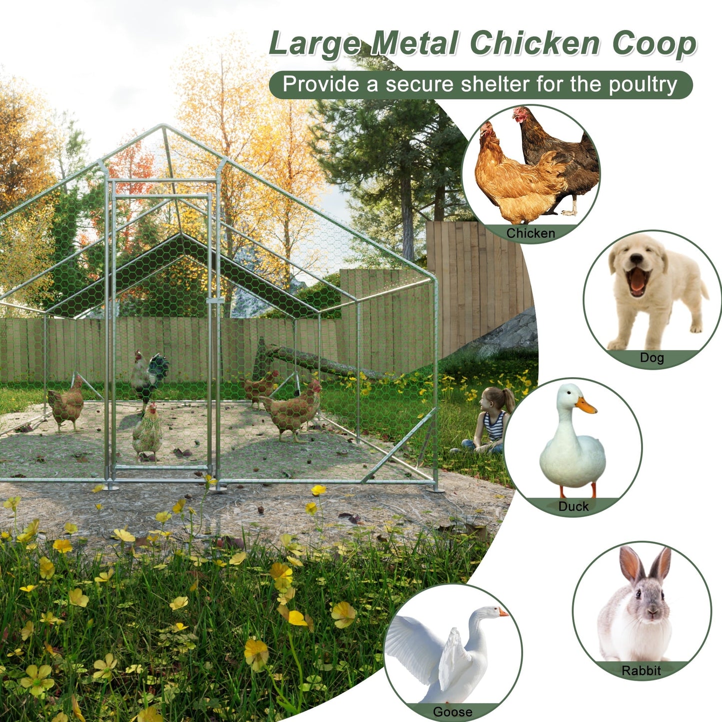 Coowa Large Metal Chicken Coop, 10' L x 20' W x 6.56' H Walk-in Chicken Run with Galvanized Wire, Waterproof UV-Resistant Cover, Hen Pen Cage for Rabbits, Ducks, Poultry