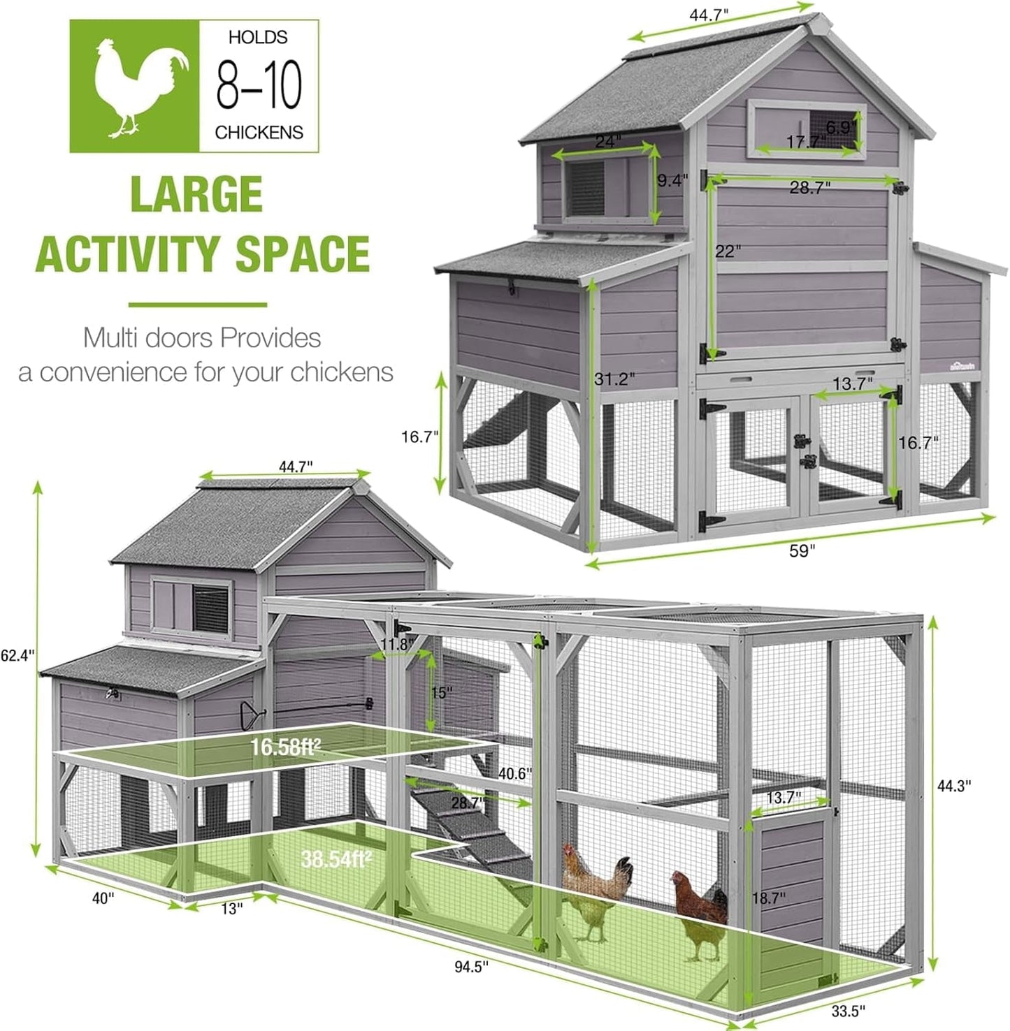 MEDEHOO Chicken Coop 135" Super Large Wooden Chicken House Poultry Cage with Large Nesting Boxes, 55ft²