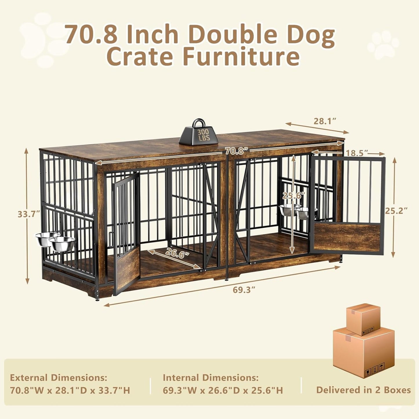 71 Inch Double Dog Crates Furniture for Large Dogs, Heavy Duty Dog Kennel Indoor with Adjustable Divider and 4 Bowls, XXL Dog Cage Furniture TV Stand Table for 2 Large Dogs, Brown