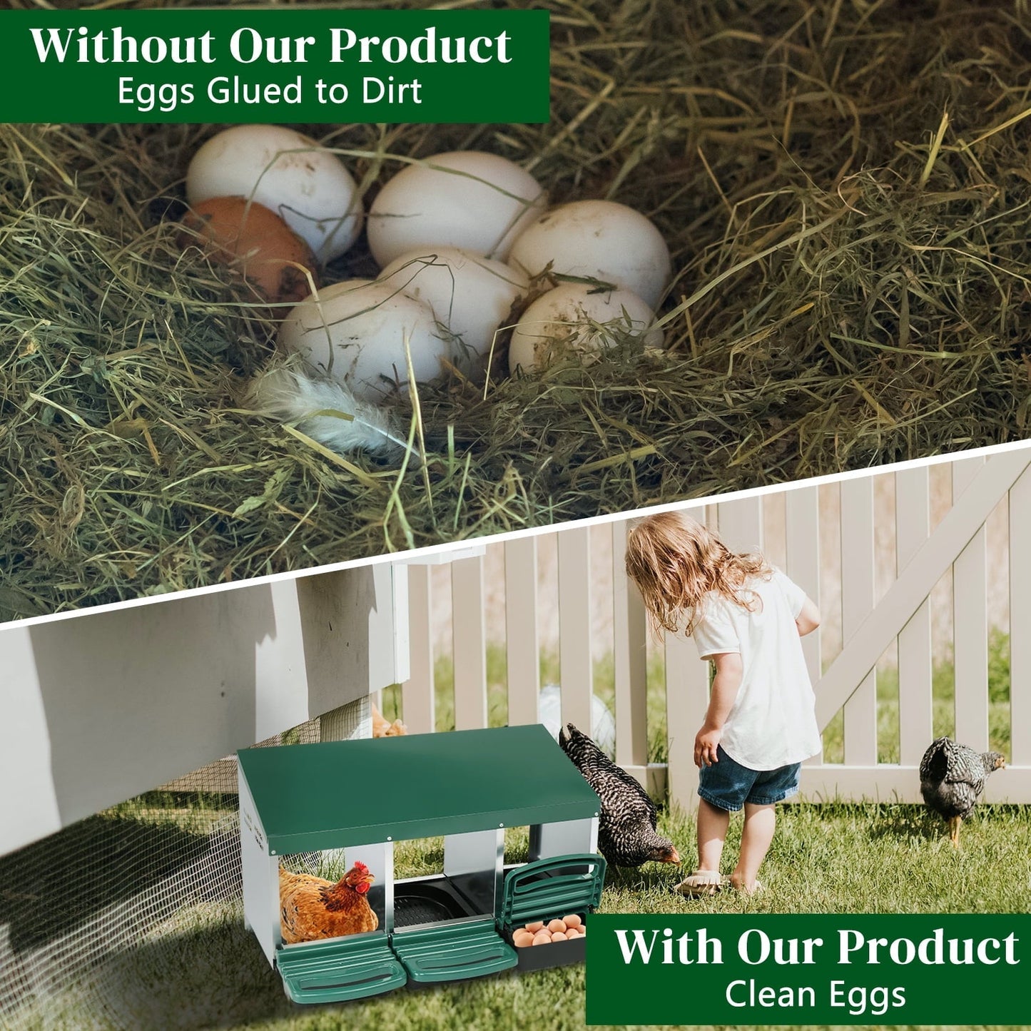3 Compartment Roll Out Chicken Nesting Box w/ Plastic Basket - Steel Frame 31.9x20.1x18.5in（Green）