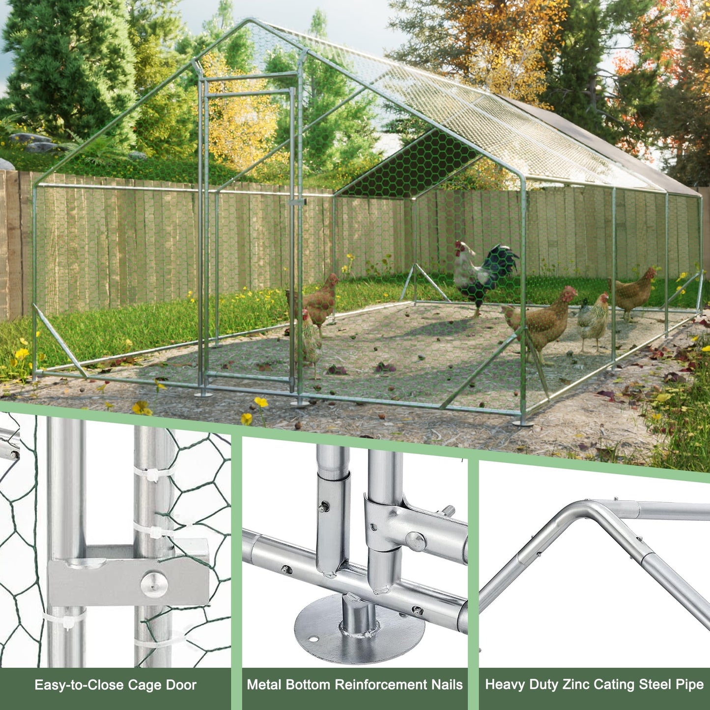 Coowa Large Metal Chicken Coop, 10' L x 20' W x 6.56' H Walk-in Chicken Run with Galvanized Wire, Waterproof UV-Resistant Cover, Hen Pen Cage for Rabbits, Ducks, Poultry