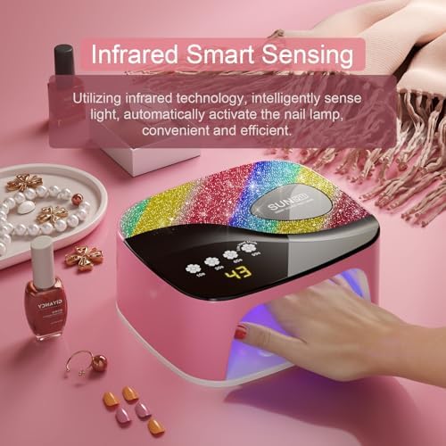SUNX11 Rhinestone uv Nail Lamp - LED UV Gel Nail Dryer with Rainbow Crystal Design, 3-Second Quick Dry, Touch Screen, Detachable Base, 4 Timer Settings, for Fingernails & Toenails