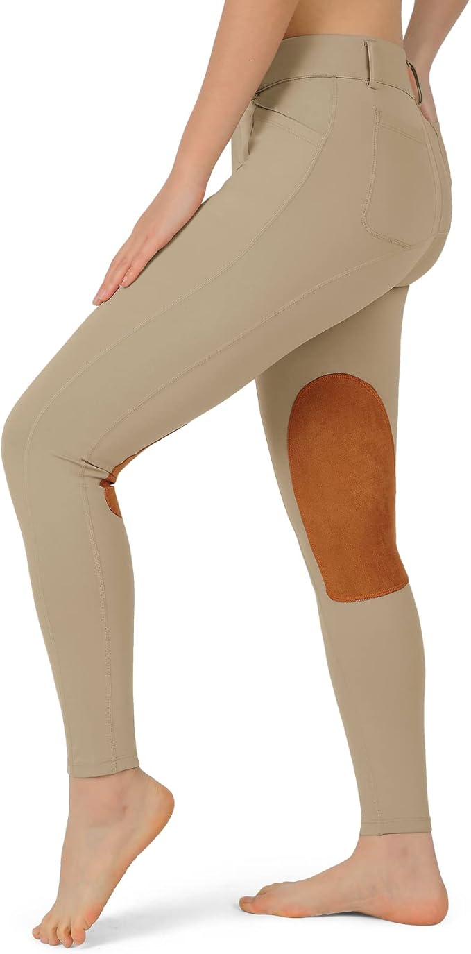 beroy Kids Horse Riding Knee-Patches Pants Girls Equestrian Front-Zip Breeches Legging with Pockets