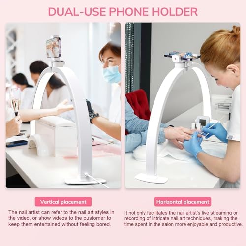 Lavinda Foldable Half Moon Nail Table Lamp with Phone Stand – 29in LED Arch Light for DIY, Eyelash, Tattoo, Facial – Adjustable 3000K-6000K – Plug-in White Design