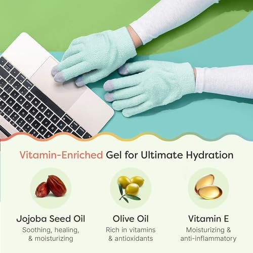 ZenToes Moisturizing Gloves for Dry Hands, Gel Infused with Jojoba Seed Oil, Olive Oil and Vitamin E, Overnight Hand Moisturizer (OSFM, Fuzzy Mint Green with Media Tips)