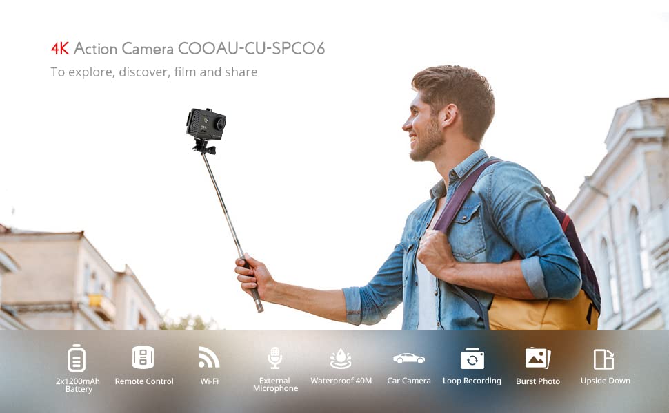 COOAU 4K 20MP Wi-Fi Action Camera External Microphone Remote Control Underwater 40M Waterproof Sport Camera Time Lapse with 2X1200mAh Batteries and 20 Accessories