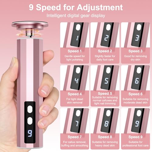 Electric Foot Callus Remover, 2 in 1 Rechargeable Foot File for Feet & Nails, 9 Speed Controller Callus Remover with Replaceable Sandpaper, Cordless Pedicure Tools for Dead Skin and Calluses (Pink)