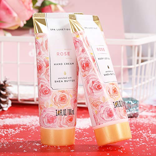 Spa Luxetique Spa Gift Set, Bath Gift Set for Women, 10 Pcs Rose Bath Set, Pink Tote Gift Bag with Shower Gel, Bubble Bath, Body Lotion, Hand Cream, Beauty Gifts for Women
