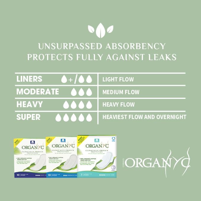 Organyc - 100% Certified Organic Cotton Inside and Out Feminine Pads, Sanitary Napkin 40 Count, Moderate Flow, Regular Absorbency, New Larger Size Packaging