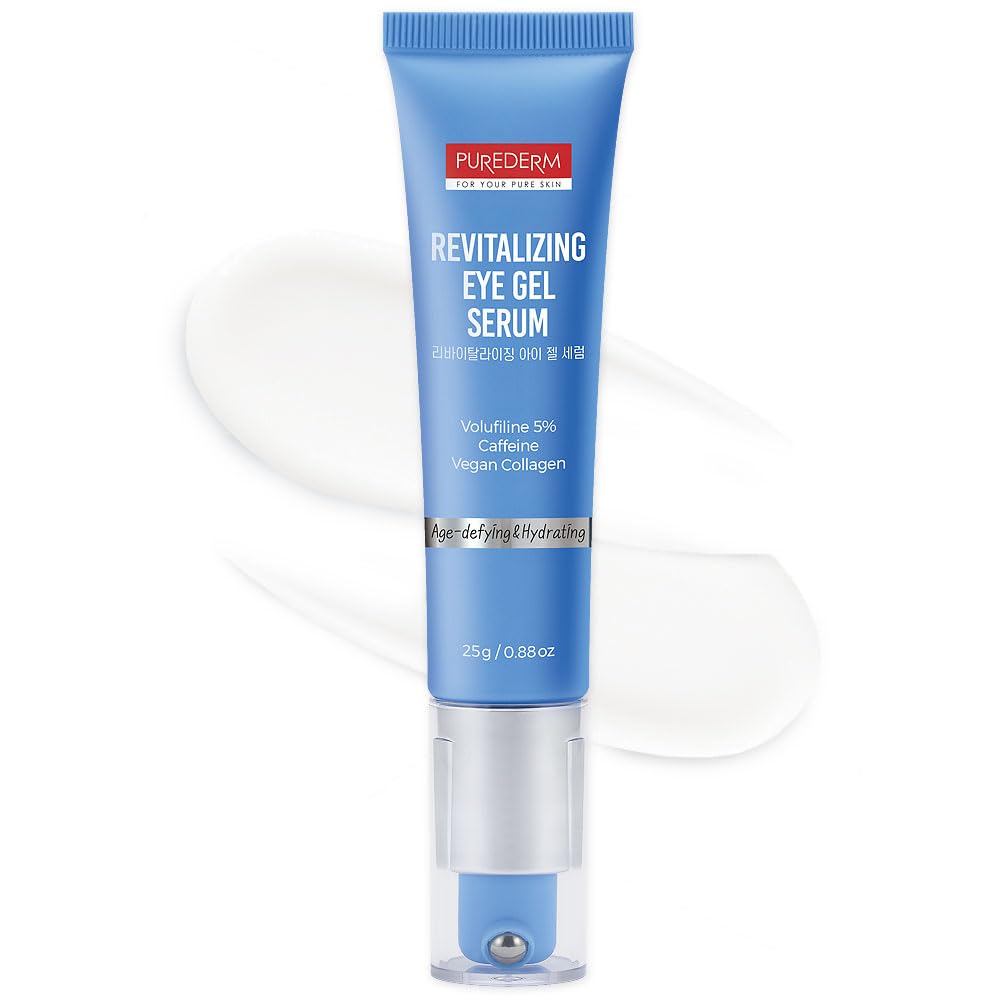 Purederm Revitalizing Eye Gel Serum – Cooling Eye Roller with 5% Volufiline, Caffeine & Vegan Collagen – Reduce Puffiness, Fine Lines & Dark Circles – For All Skin Types – 0.88 oz