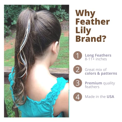 Hair Feathers Kit, 20 Beautiful Feathers for Hair, Brown Black White Long Feather Extensions with beads and loop tool, 100% Real Rooster Boho Soft Natural Feather Accessories