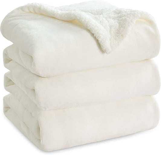 Bedsure Sherpa Fleece Blankets Queen Size for Bed - Thick and Warm, Soft Fuzzy Plush Queen Blanket for Winter, Cream, 90x90 Inches