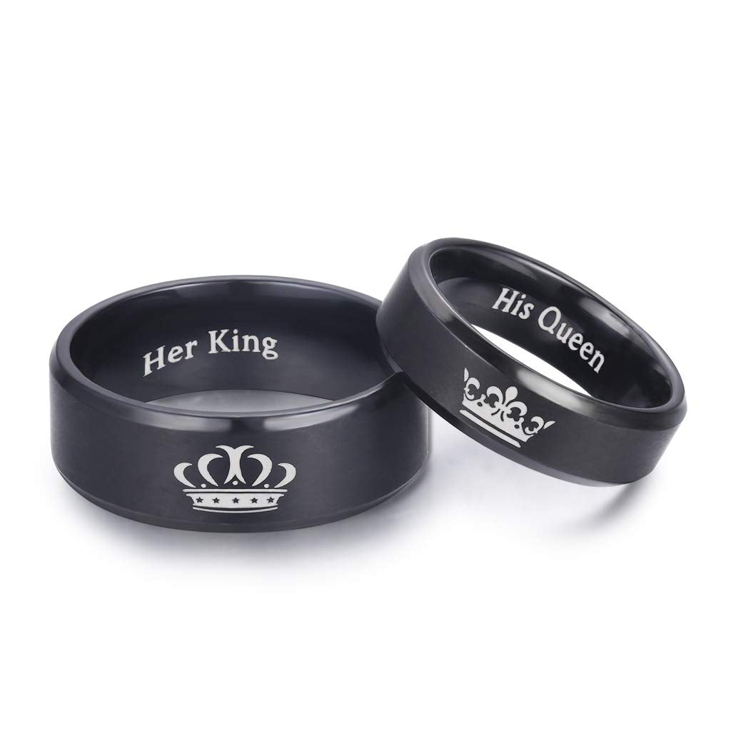 LAVUMO King and Queen Rings for Couples - 2pcs His Hers Stainless Steel Matching Ring Sets for Him and Her - Promise Engagement Wedding Band Black Comfort Fit (Men 10 & Women 9)