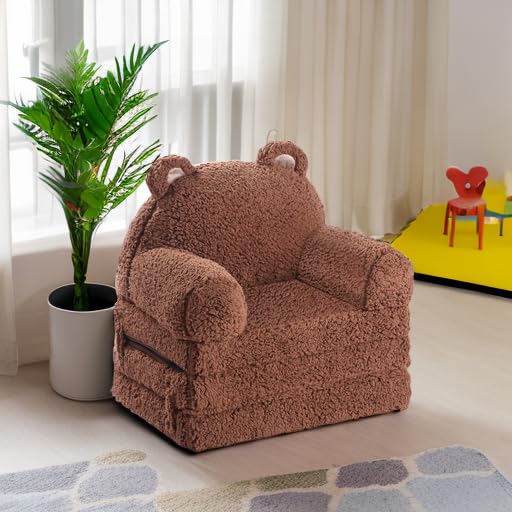 MOMCAYWEX Foldable Kids Sofa, Sherpa Teddy Bear Toddler Couch with Tri Folding Foam Cushions, Comfy Couch for Kids Age 18 Months and Up