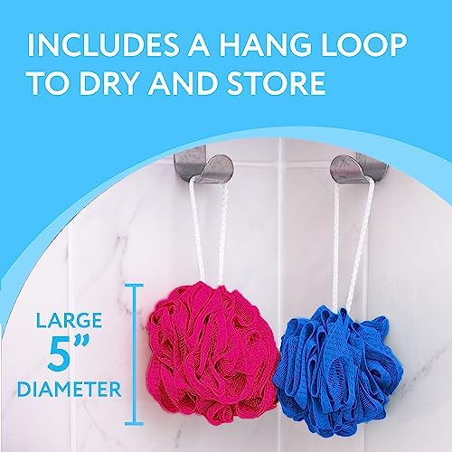 IMPRESA Mesh Bath & Shower Loofah Sponges 6-Pack - 5-Inch Blue Exfoliating Body Puffs - Rich Lather for Men & Women