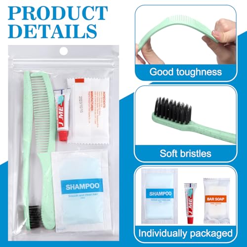 Hushee 48 Sets Personal Hygiene Kit Basic Toiletry Kit Homeless Care Package for Men, Women, Travel, Charity, Business Include Shampoo, Toothbrush, Toothpaste, Comb and Bath(Light Green)