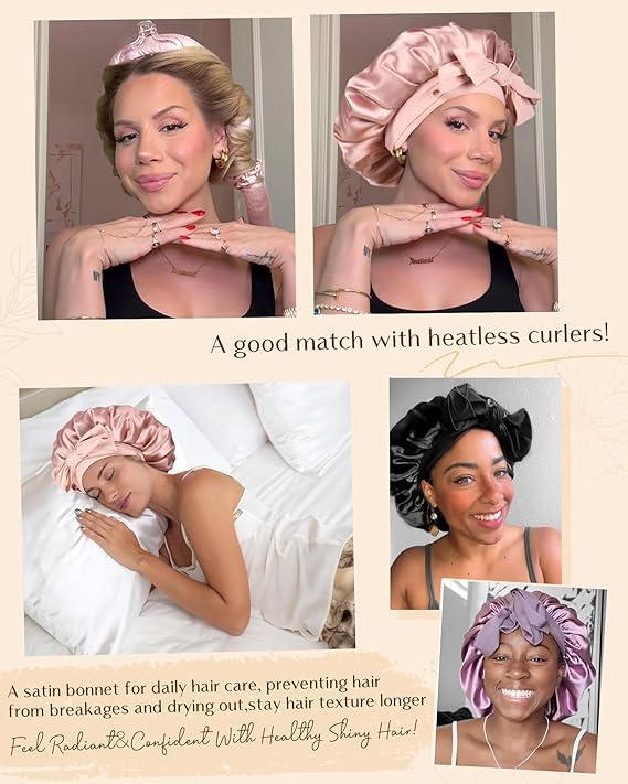 Silk Sleeping Bonnet for Women | Double Layer Satin Lined | Curly Hair, Black