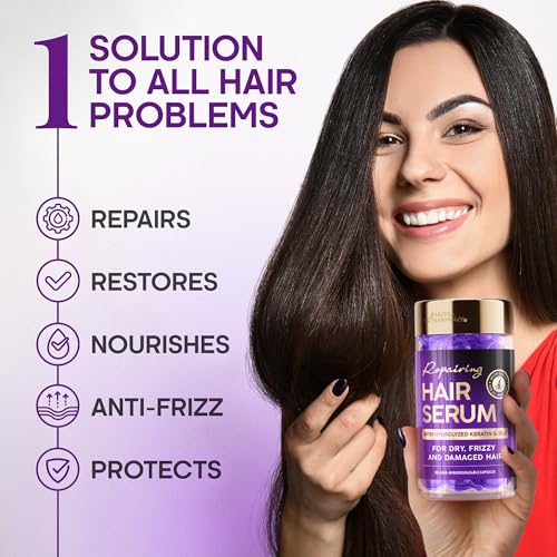 Hair Serum Capsules – Keratin & Silk Protein Hair Treatment with Argan, Coconut, Jojoba & Avocado Oils – Leave‑In Anti‑Frizz Hair Oil w/ Vitamins A, E & B5 for Dry, Damaged Hair – No Rinse, 30 ct