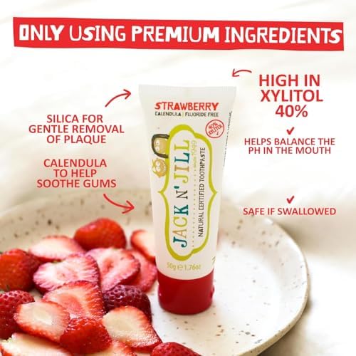 Jack N' Jill Mega Toothpaste 4x More - Natural Toddler Toothpaste for Baby, Kids & Infants 6 Months & Up, Fluoride Free Training Toothpaste for Toddlers 1-3, 40% Xylitol - Strawberry, 7.05 oz (1-Pack)