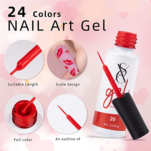 SXC Cosmetics 24-Color Gel Liner Set for Nail Art - With Built-in Thin Brush for Swirl Nail Designs and Soak-Off Gel Polish