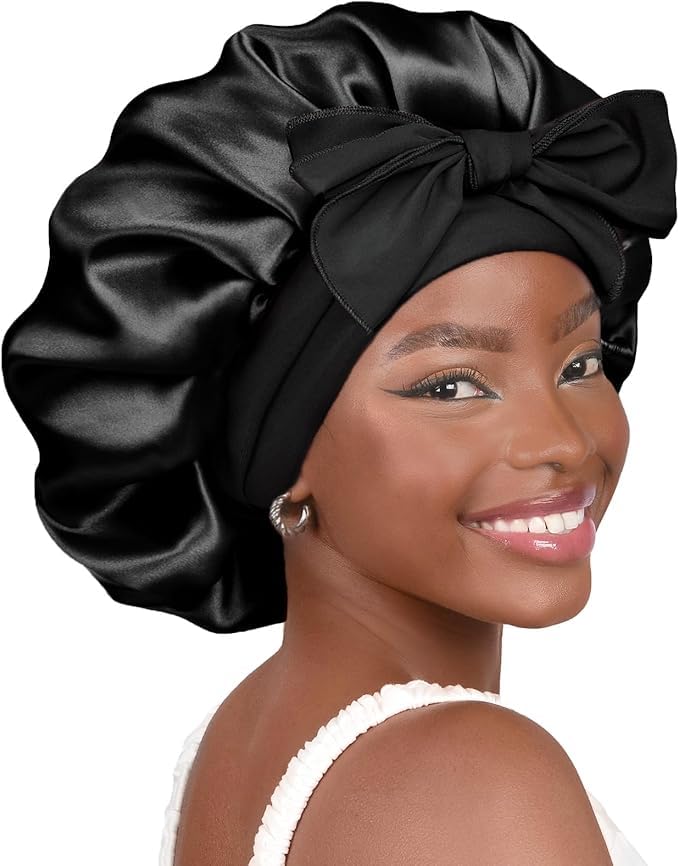 Silk Sleeping Bonnet for Women | Double Layer Satin Lined | Curly Hair, Black