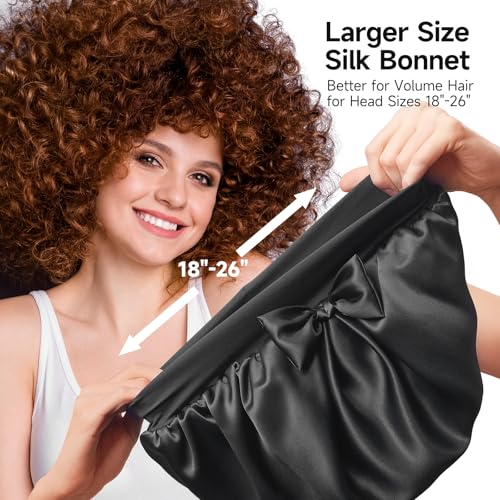 Umisleep Double-Sided 100% 22 Momme Mulberry Silk Bonnet for Sleeping Women, Large Silk Hair Wrap for Long Curly Hair, Non-Slip Sleep Cap with Adjustable Band, Black