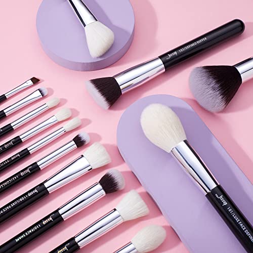 Jessup 25pcs Professional Makeup Brush Set Foundation Powder Concealer Eyeshadow Blending Blush Highlighter Natural-Synthetic Hair Brushes (Black/Silver)