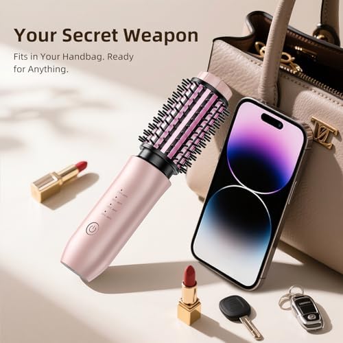 Cordless Curling Iron Brush, 1.5 Inch Mini Travel Hair Curler with 200 Million Negative Ions, Portable Heated Round Straightener Brush Rechargeable for Curl, Touch-Up, De-Frizz, Styling, Rose Gold