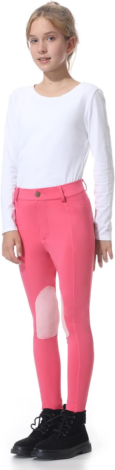 beroy Kids Horse Riding Knee-Patches Pants Girls Equestrian Front-Zip Breeches Legging with Pockets