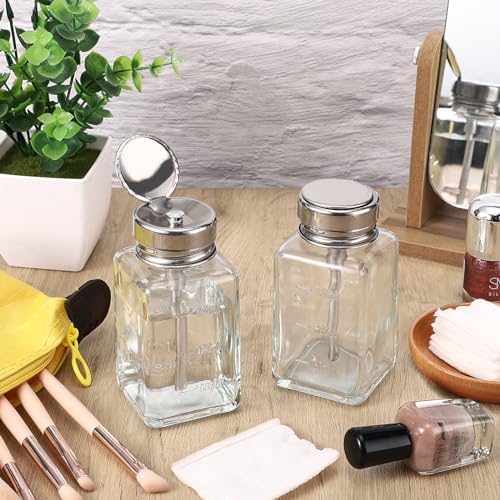 Noverlife 2PCS 6Oz / 180ml Clear Pump Dispenser Bottle, Square Glass Push Down Liquid Dispensers, Nail Polish Remover Hand Pumping Press Container with Flip Top Cap Refillable Push Down Pump Dispenser