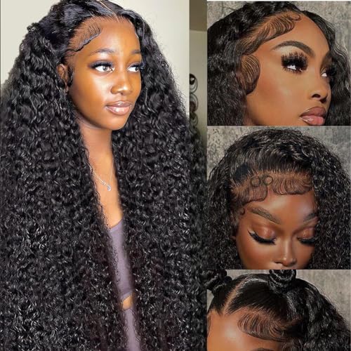 Keshon 13x5 Deep Wave Lace Front Wigs Human Hair 200% Density Deep Wave Frontal Wig Pre Plucked HD Transparent Full Lace Frontal Wigs Human Hair with Baby Hair Natural Color 28 inch