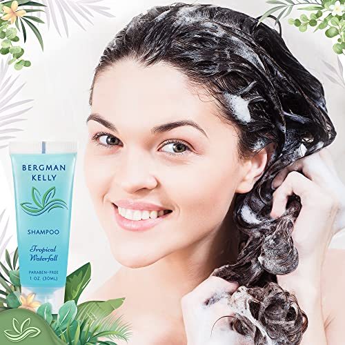 BERGMAN KELLY - Hotel Toiletries Bundle - Tropical Waterfall, 1 oz ea, 125 Pieces - 5-Piece Set: 25 ea Rectangular Bar Soap, Shampoo, Conditioner, Body Lotion & Body Wash - Bulk Mini Guest Amenities